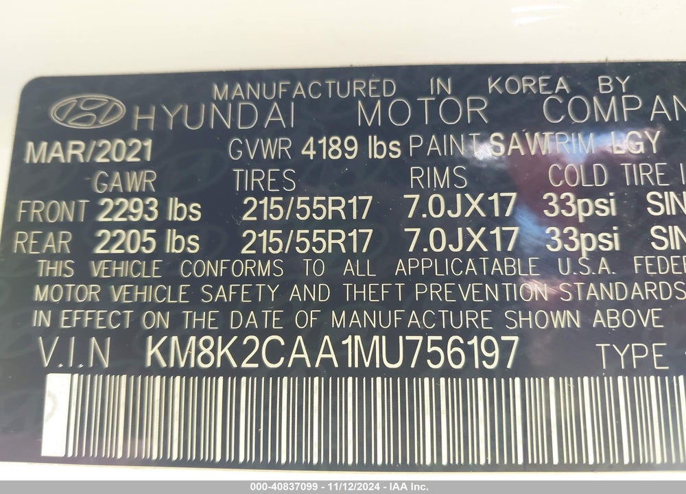 2021 HYUNDAI KONA VIN: KM8K2CAA1MU756197