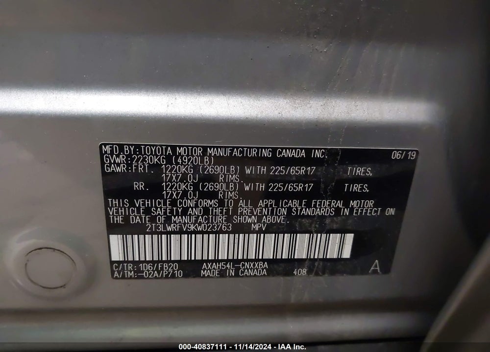 2019 TOYOTA RAV4 HYBRID LE VIN: 2T3LWRFV9KW023763