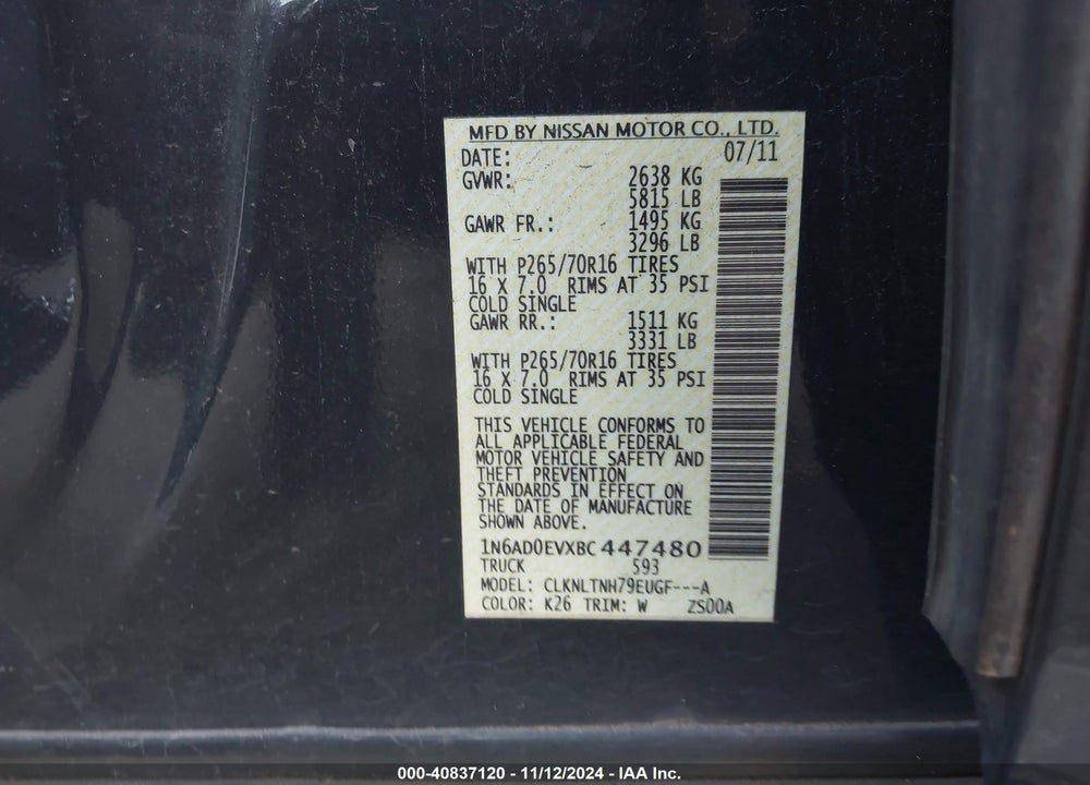 2011 NISSAN FRONTIER SV VIN: 1N6AD0EVXBC447480
