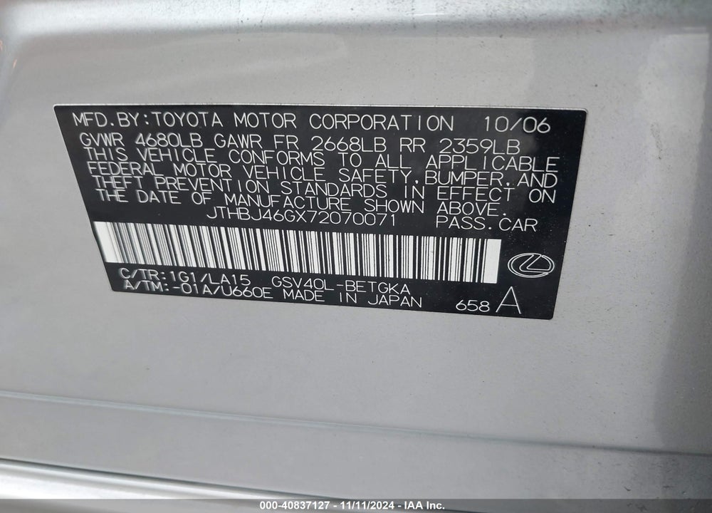 2007 LEXUS ES 350 VIN: JTHBJ46GX72070071