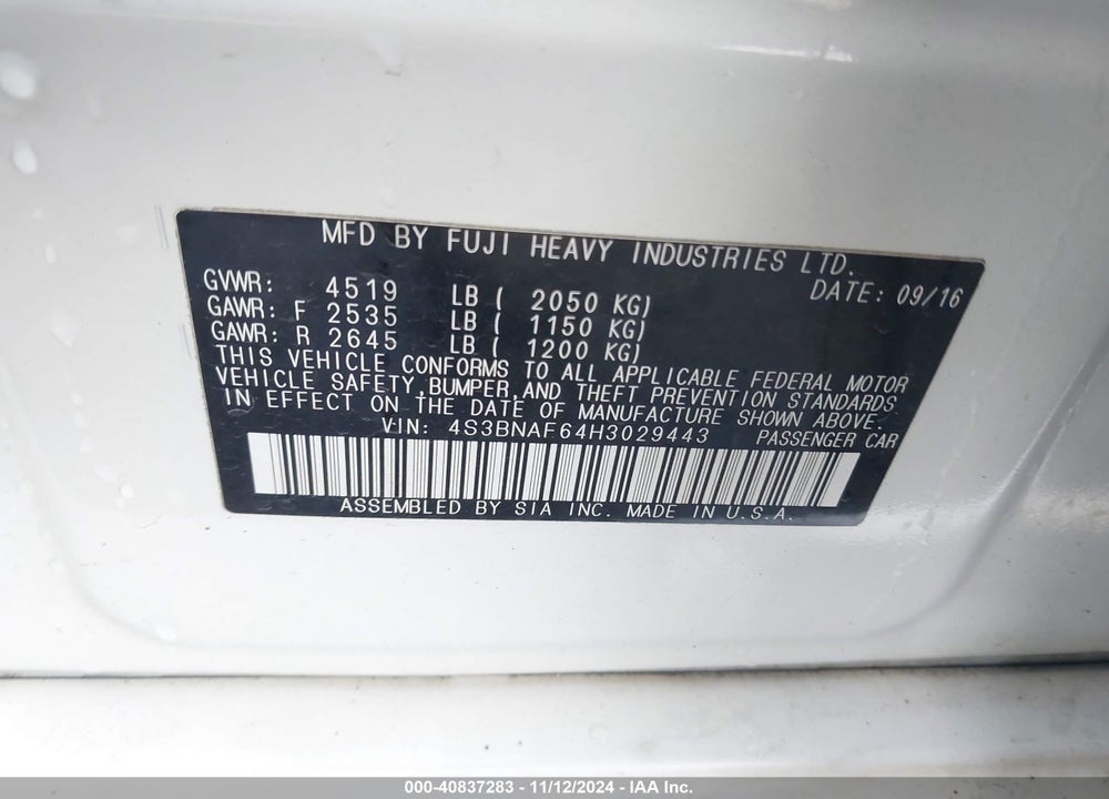2017 SUBARU LEGACY 2.5I PREMIUM VIN: 4S3BNAF64H3029443