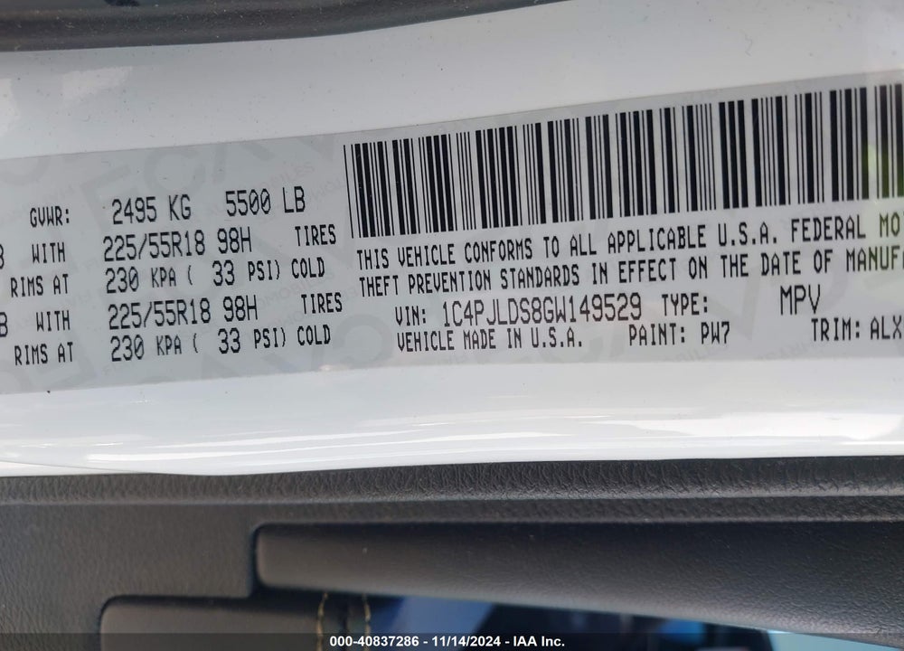 2016 JEEP CHEROKEE LIMITED VIN: 1C4PJLDS8GW149529