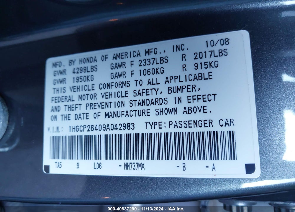 2009 HONDA ACCORD 2.4 LX-P VIN: 1HGCP26409A042983