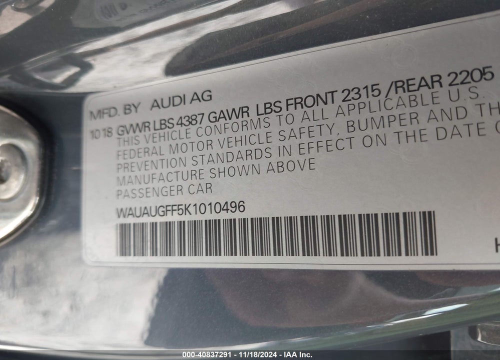 2019 AUDI A3 40 PREMIUM/40 TITANIUM PREMIUM VIN: WAUAUGFF5K1010496