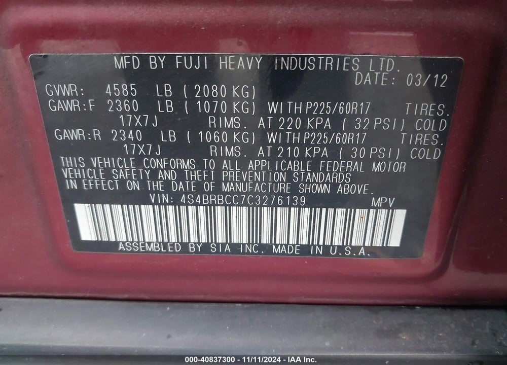 2012 SUBARU OUTBACK 2.5I PREMIUM VIN: 4S4BRBCC7C3276139