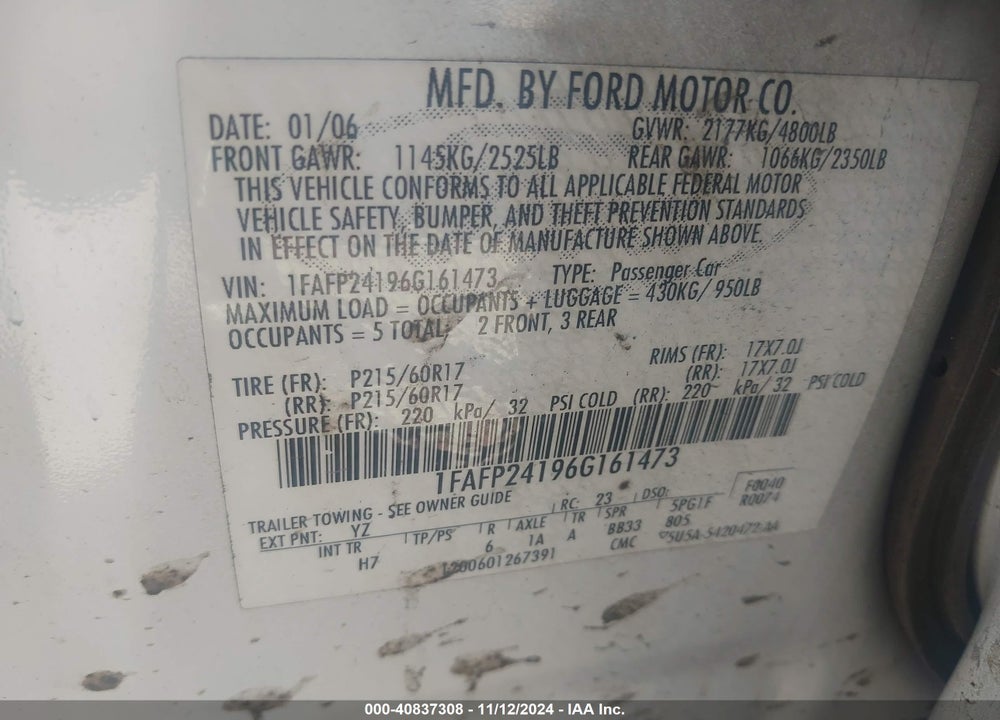 2006 FORD FIVE HUNDRED SEL VIN: 1FAFP24196G161473