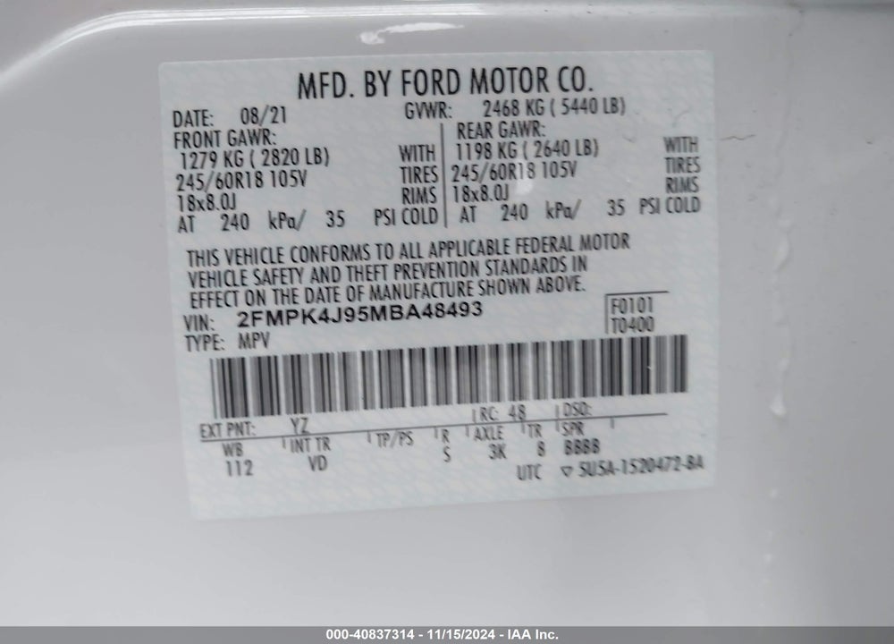 2021 FORD EDGE SEL VIN: 2FMPK4J95MBA48493