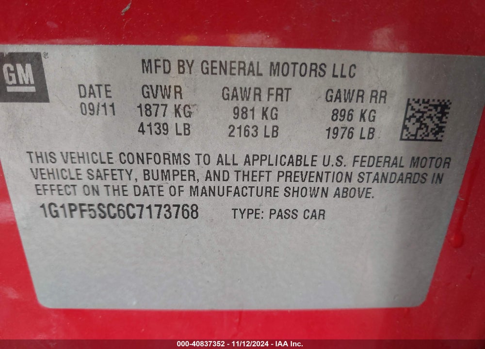 2012 CHEVROLET CRUZE 1LT VIN: 1G1PF5SC6C7173768