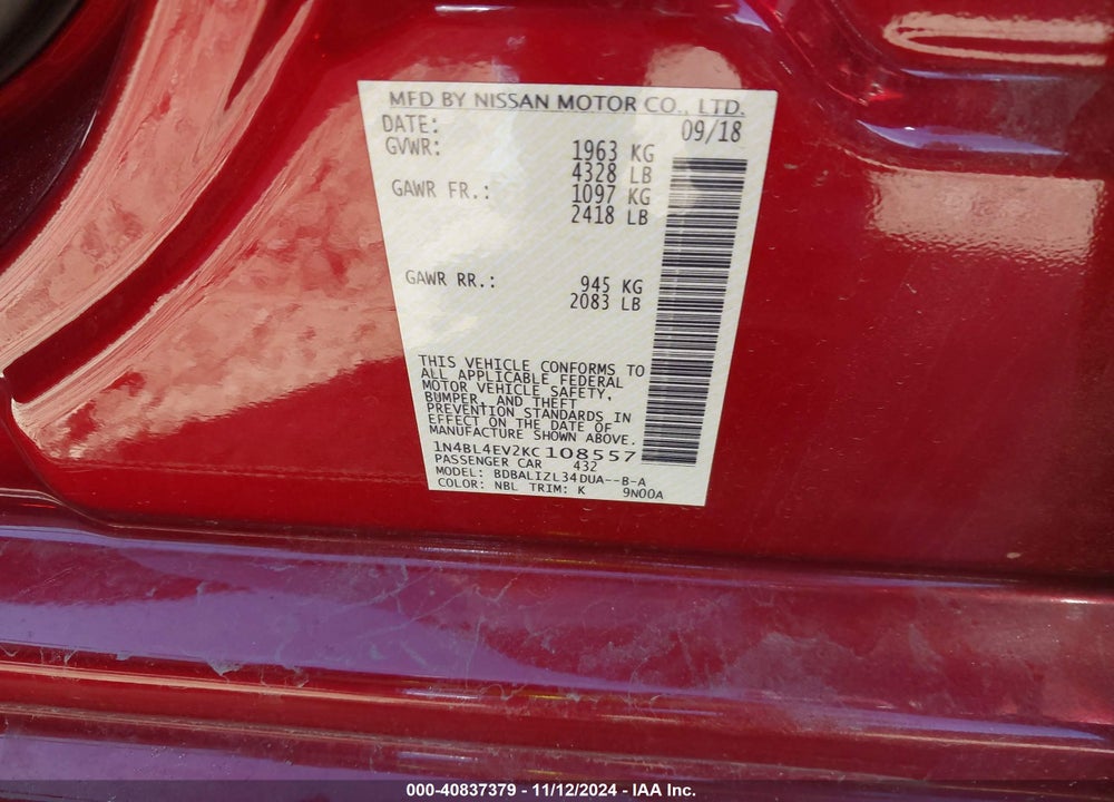 2019 NISSAN ALTIMA 2.5 SL VIN: 1N4BL4EV2KC108557