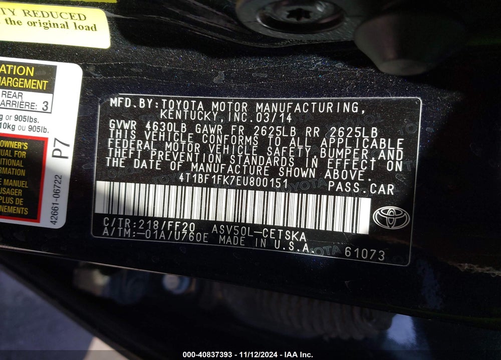 2014 TOYOTA CAMRY VIN: 4T1BF1FK7EU800151