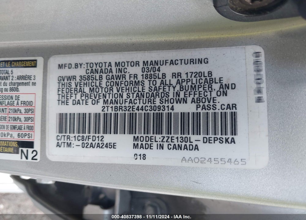2004 TOYOTA COROLLA S VIN: 2T1BR32E44C309314