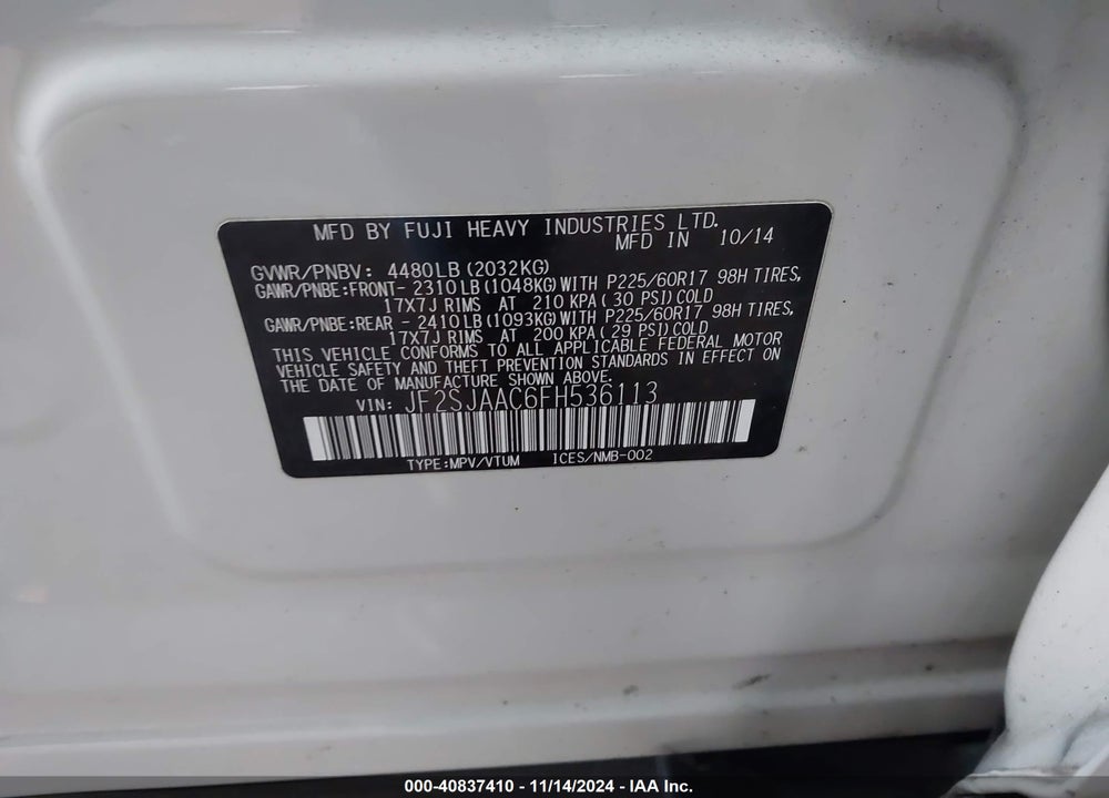 2015 SUBARU FORESTER 2.5I VIN: JF2SJAAC6FH536113