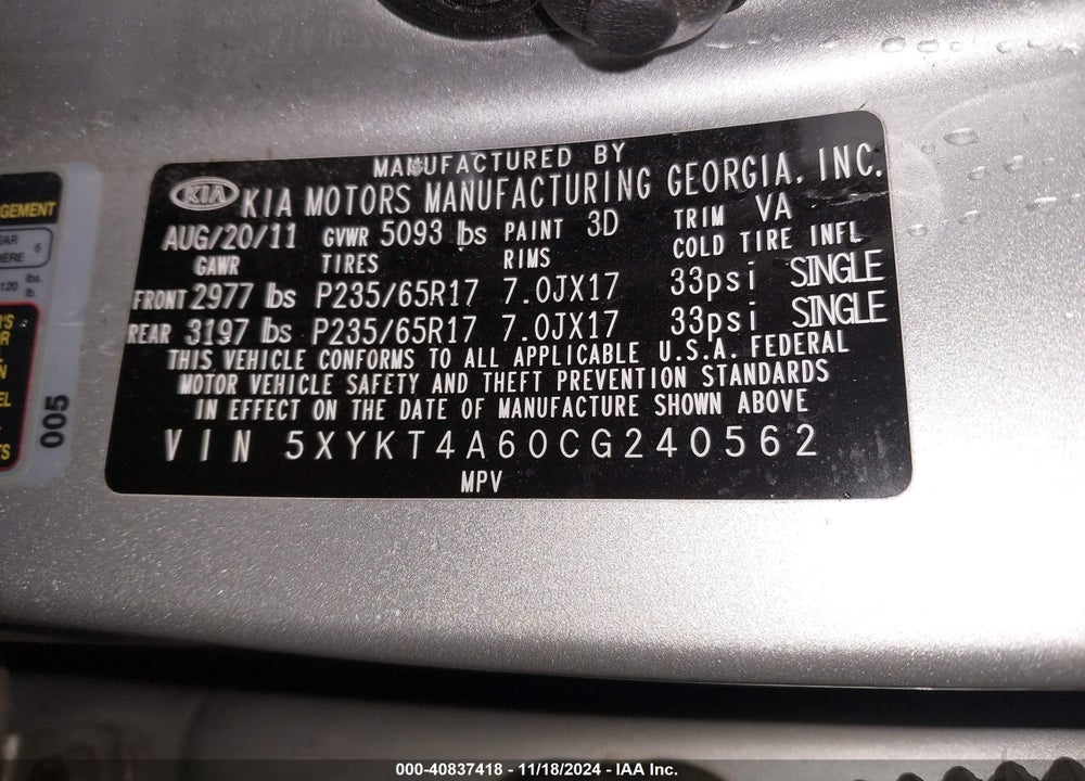 2012 KIA SORENTO LX VIN: 5XYKT4A60CG240562