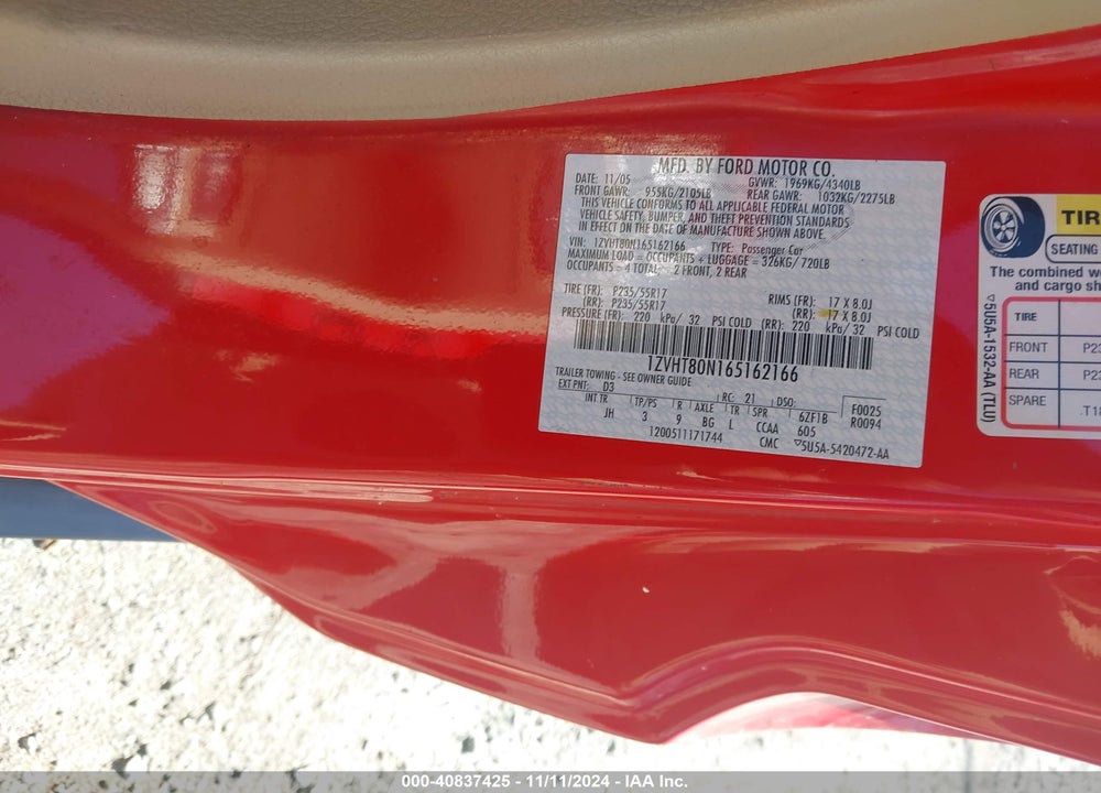 2006 FORD MUSTANG V6 VIN: 1ZVHT80N165162166