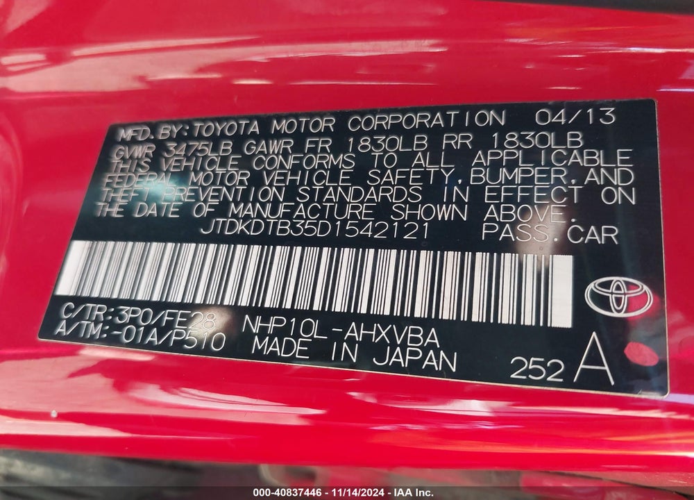 2013 TOYOTA PRIUS C ONE VIN: JTDKDTB35D1542121