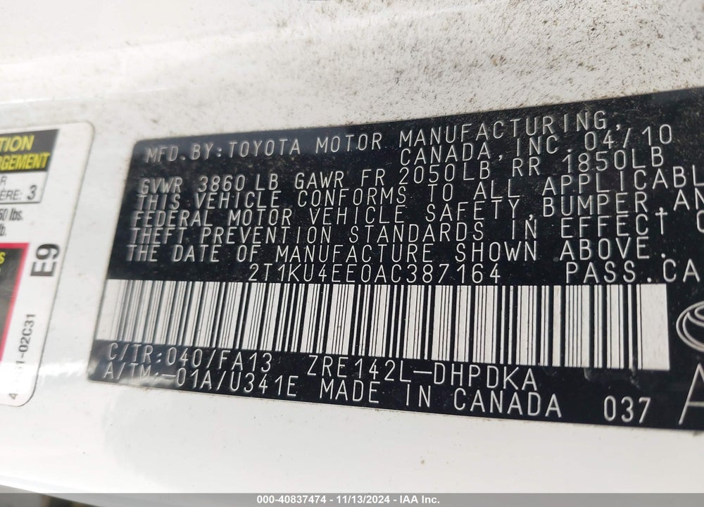 2010 TOYOTA MATRIX VIN: 2T1KU4EE0AC387164