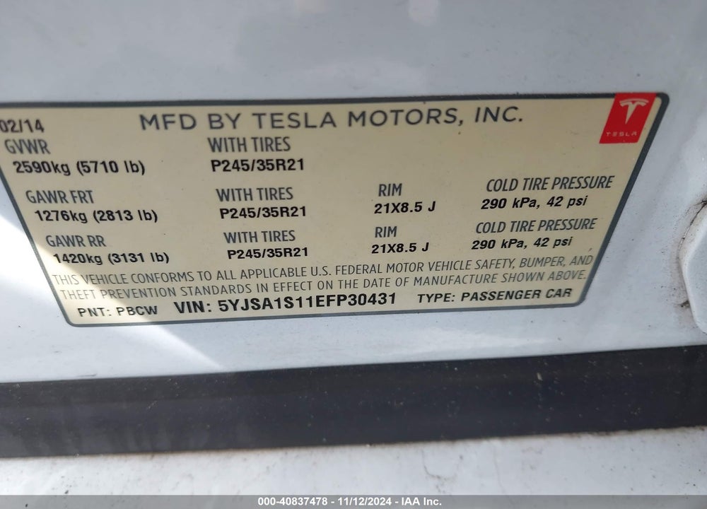 2014 TESLA MODEL S VIN: 5YJSA1S11EFP30431