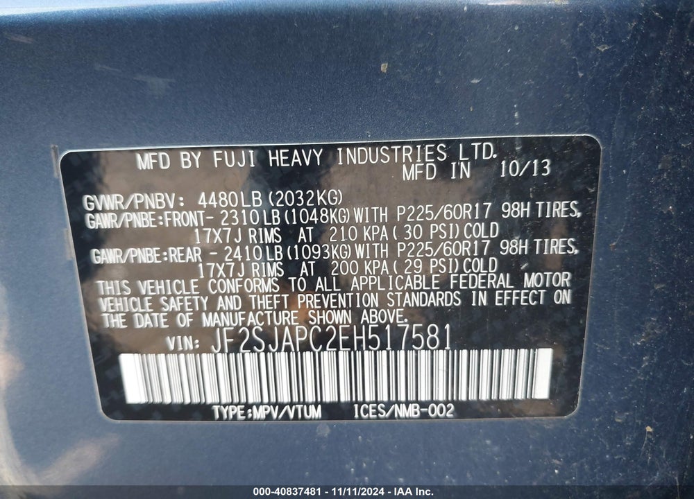 2014 SUBARU FORESTER 2.5I TOURING VIN: JF2SJAPC2EH517581