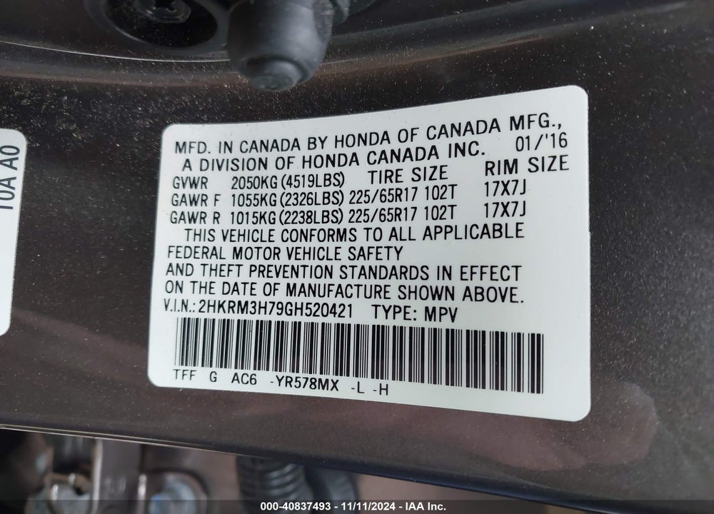 2016 HONDA CR-V EX-L VIN: 2HKRM3H79GH520421