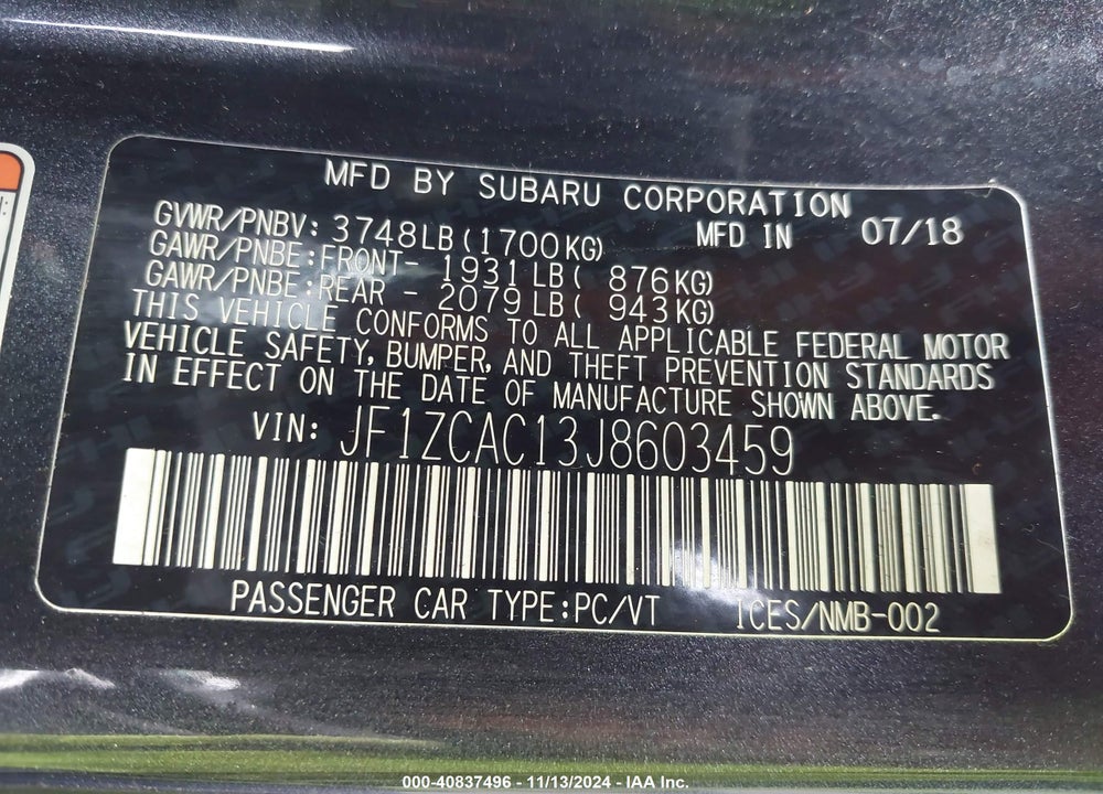 2018 SUBARU BRZ LIMITED VIN: JF1ZCAC13J8603459