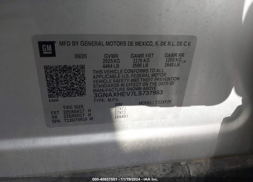 2020 CHEVROLET EQUINOX FWD LS VIN: 3GNAXHEV7LS737963