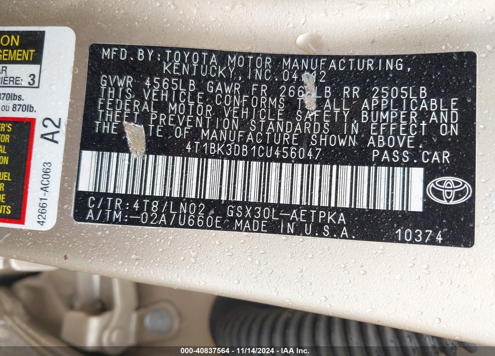 2012 TOYOTA AVALON LIMITED VIN: 4T1BK3DB1CU456047