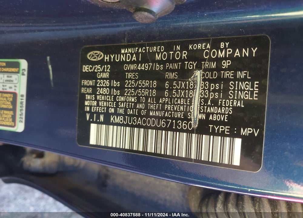 2013 HYUNDAI TUCSON LIMITED VIN: KM8JU3AC0DU671360