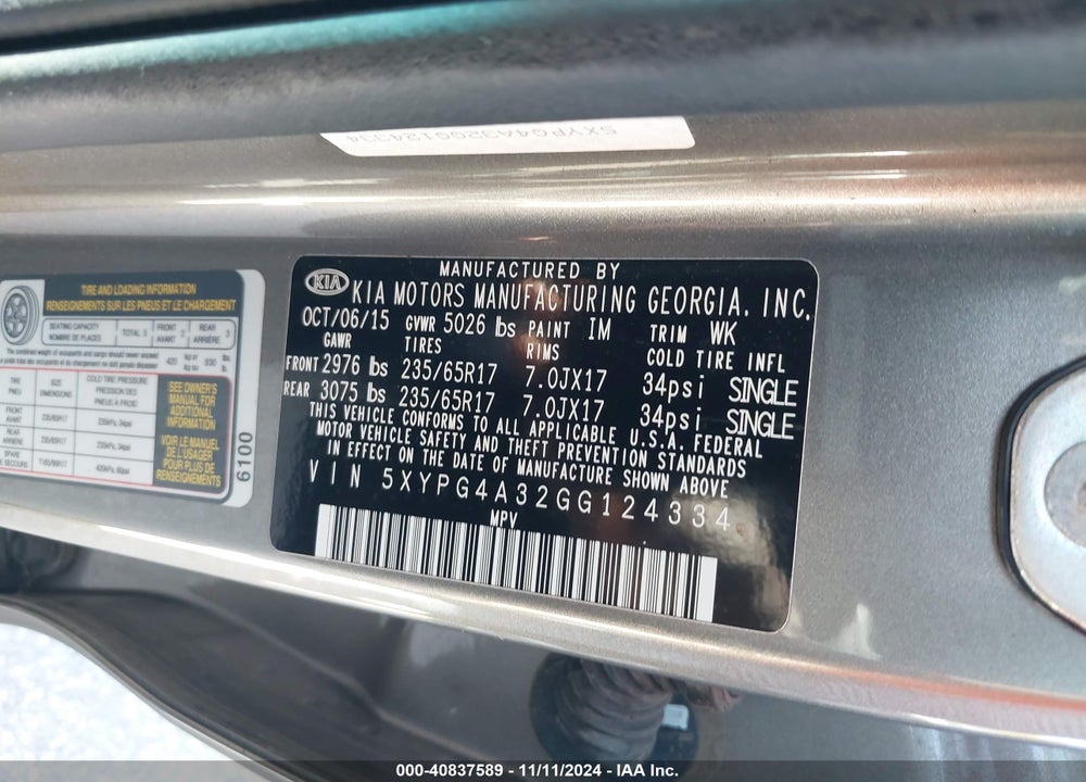 2016 KIA SORENTO 2.4L L VIN: 5XYPG4A32GG124334