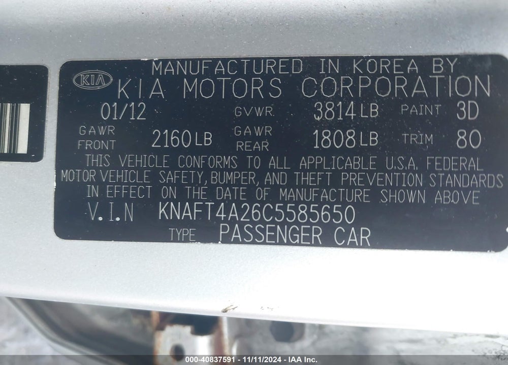 2012 KIA FORTE LX VIN: KNAFT4A26C5585650