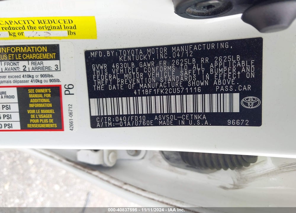 2012 TOYOTA CAMRY LE VIN: 4T1BF1FK2CU571116