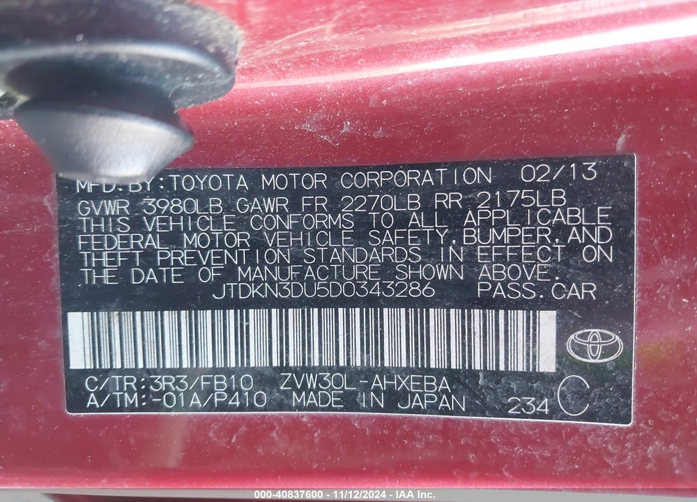 2013 TOYOTA PRIUS THREE VIN: JTDKN3DU5D0343286