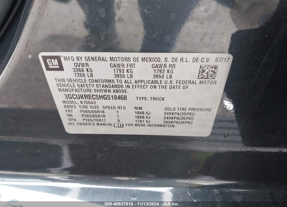 2017 CHEVROLET SILVERADO 1500 2LT VIN: 3GCUKREC5HG518468
