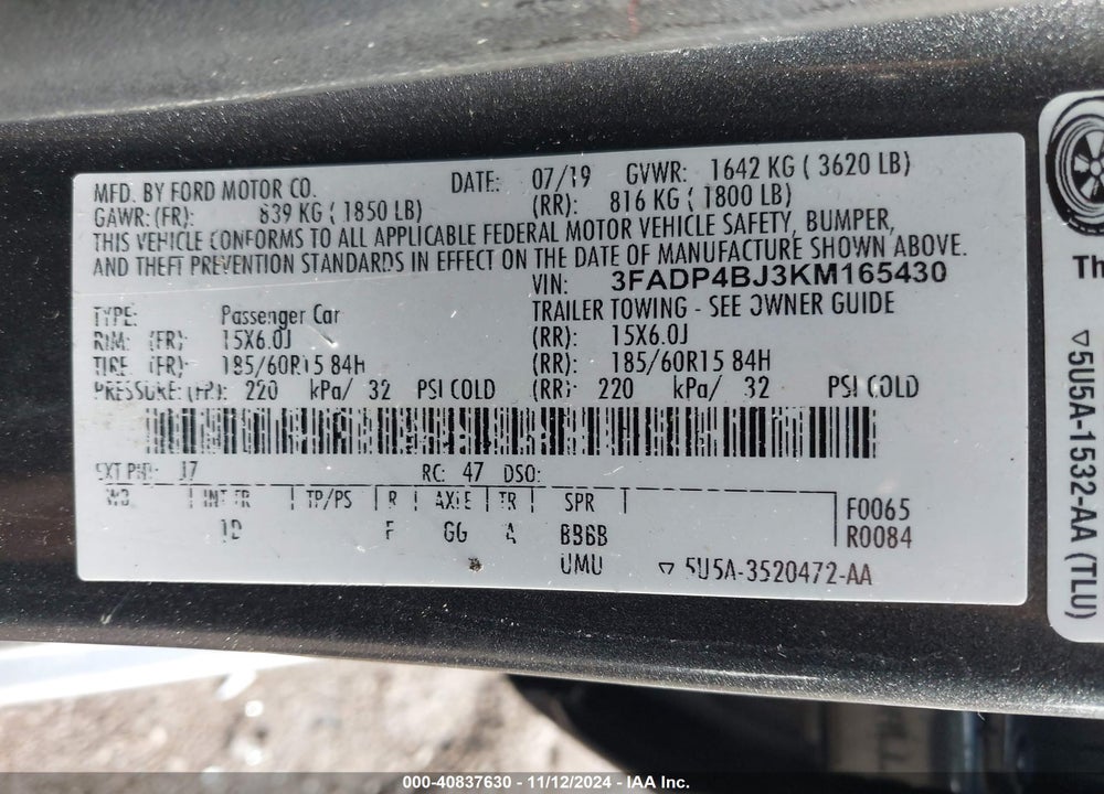 2019 FORD FIESTA SE VIN: 3FADP4BJ3KM165430