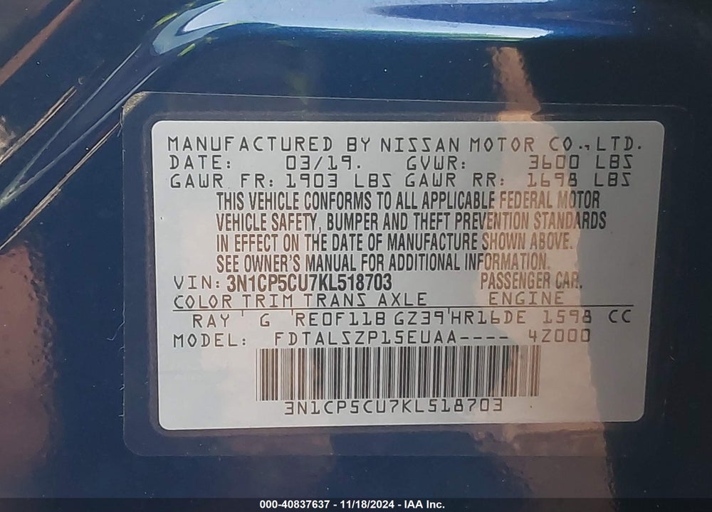 2019 NISSAN KICKS SV VIN: 3N1CP5CU7KL518703