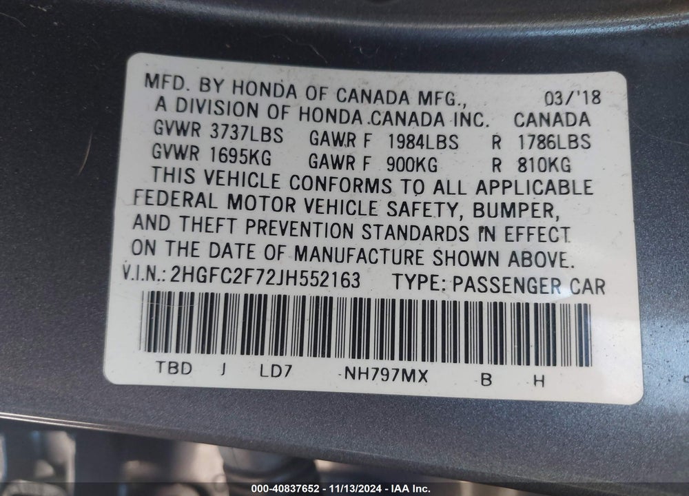 2018 HONDA CIVIC EX VIN: 2HGFC2F72JH552163