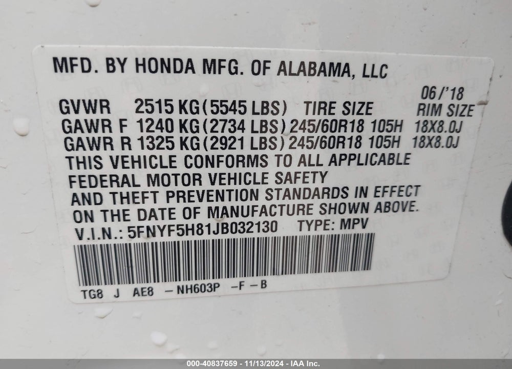 2018 HONDA PILOT EX-L VIN: 5FNYF5H81JB032130
