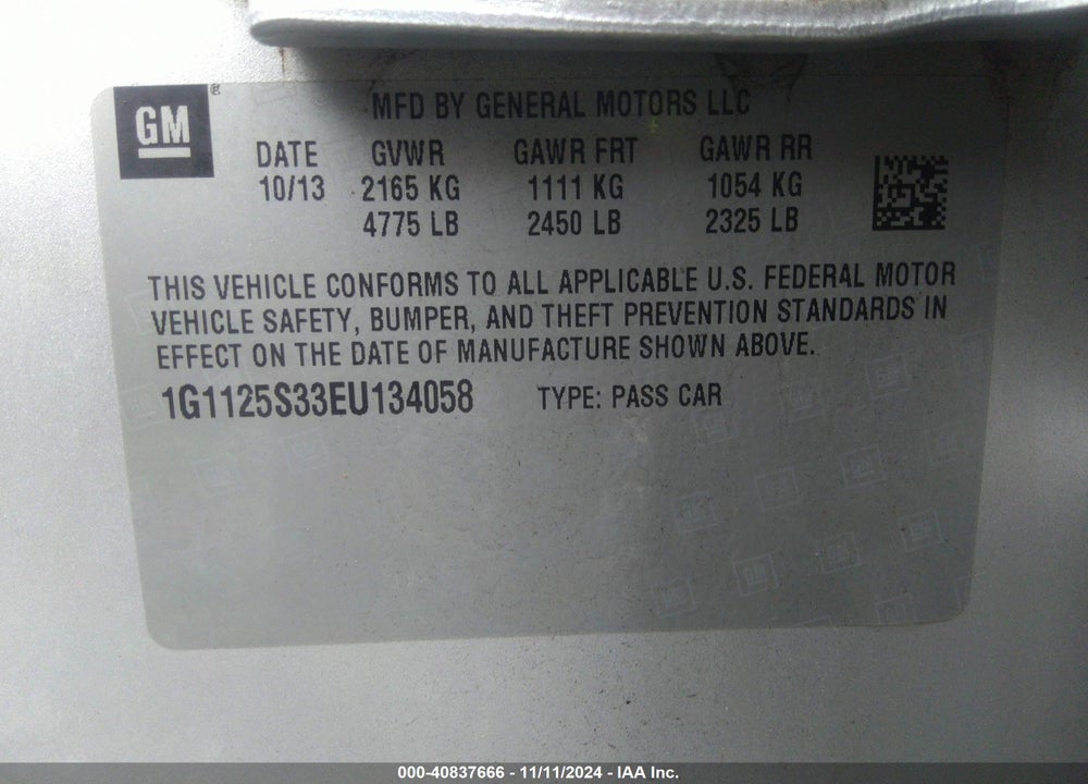 2014 CHEVROLET IMPALA VIN: 1G1125S33EU134058