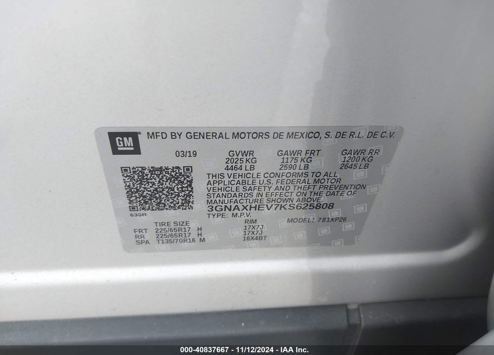 2019 CHEVROLET EQUINOX VIN: 3GNAXHEV7KS625808