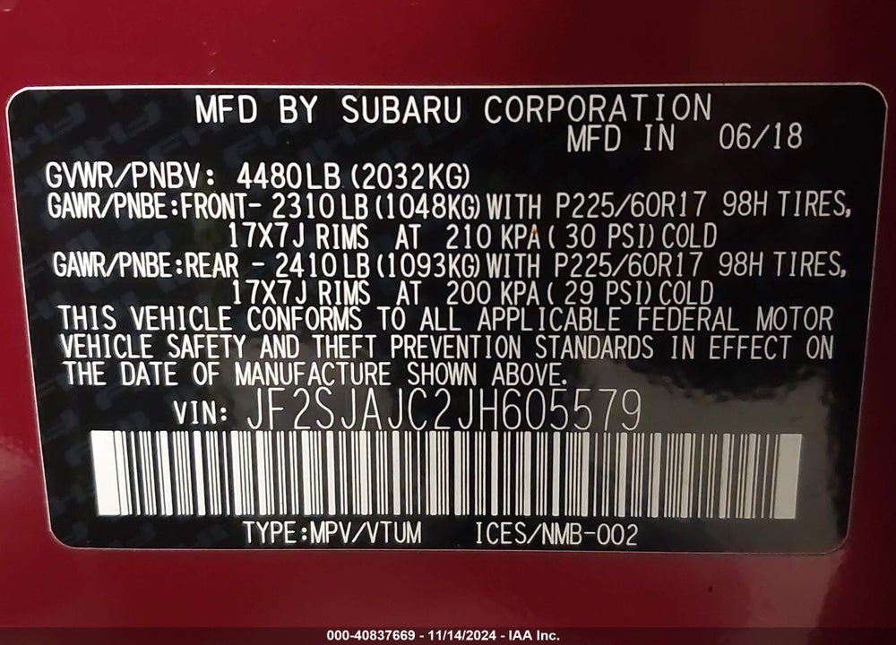 2018 SUBARU FORESTER 2.5I LIMITED VIN: JF2SJAJC2JH605579