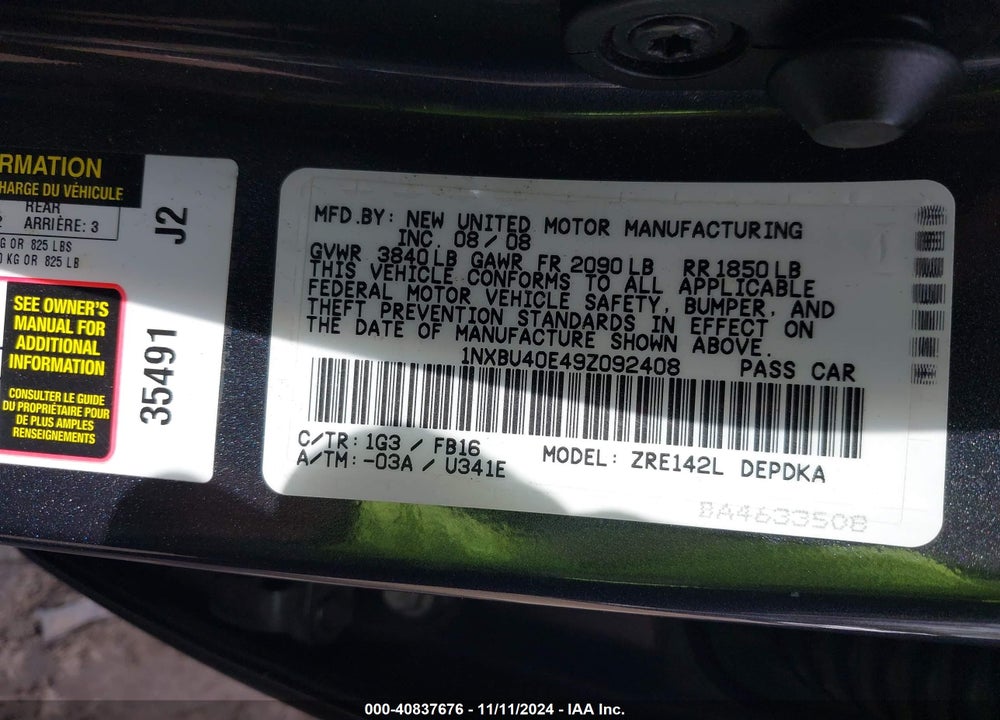2009 TOYOTA COROLLA LE VIN: 1NXBU40E49Z092408