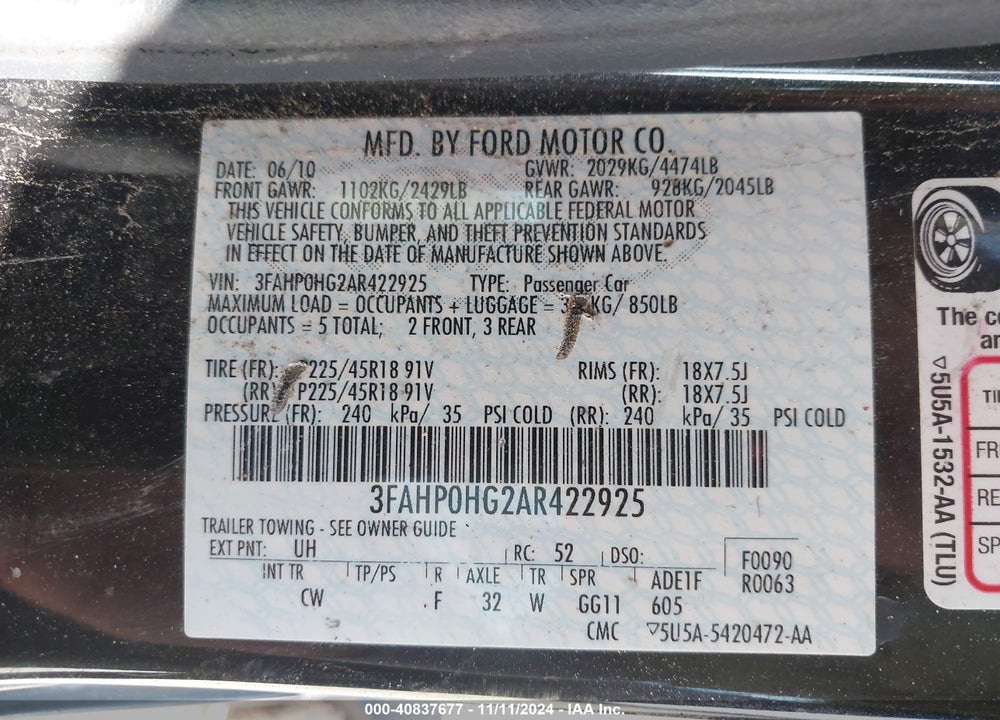 2010 FORD FUSION SE VIN: 3FAHP0HG2AR422925