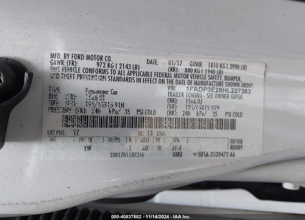 2017 FORD FOCUS S VIN: 1FADP3E28HL227283