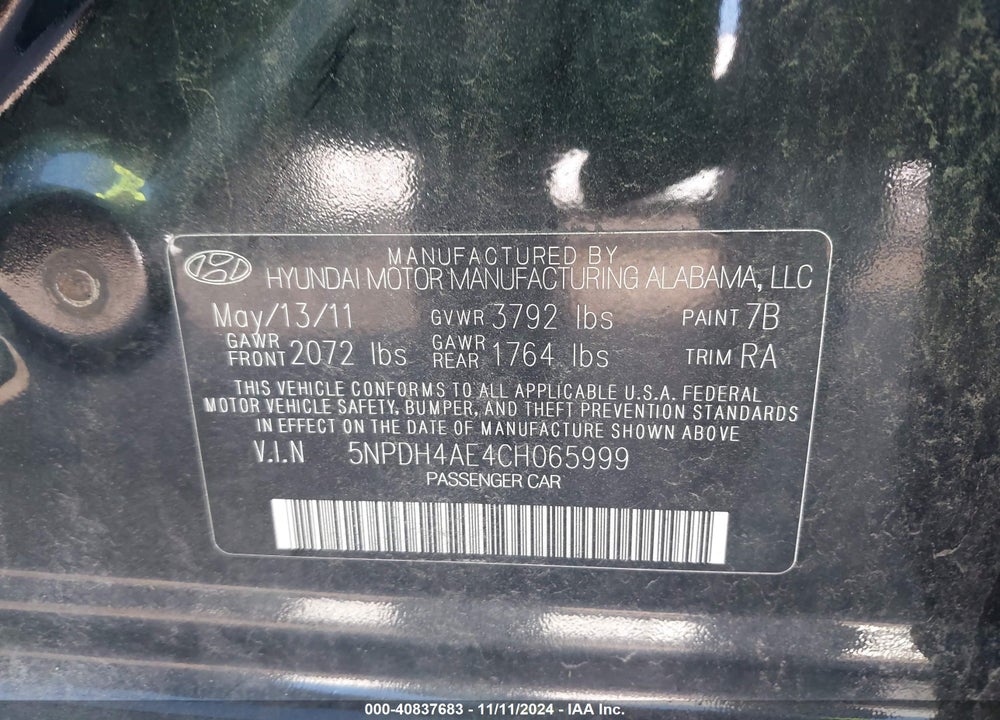 2012 HYUNDAI ELANTRA GLS VIN: 5NPDH4AE4CH065999