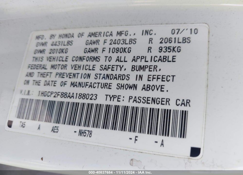 2010 HONDA ACCORD 2.4 EX-L VIN: 1HGCP2F88AA188023