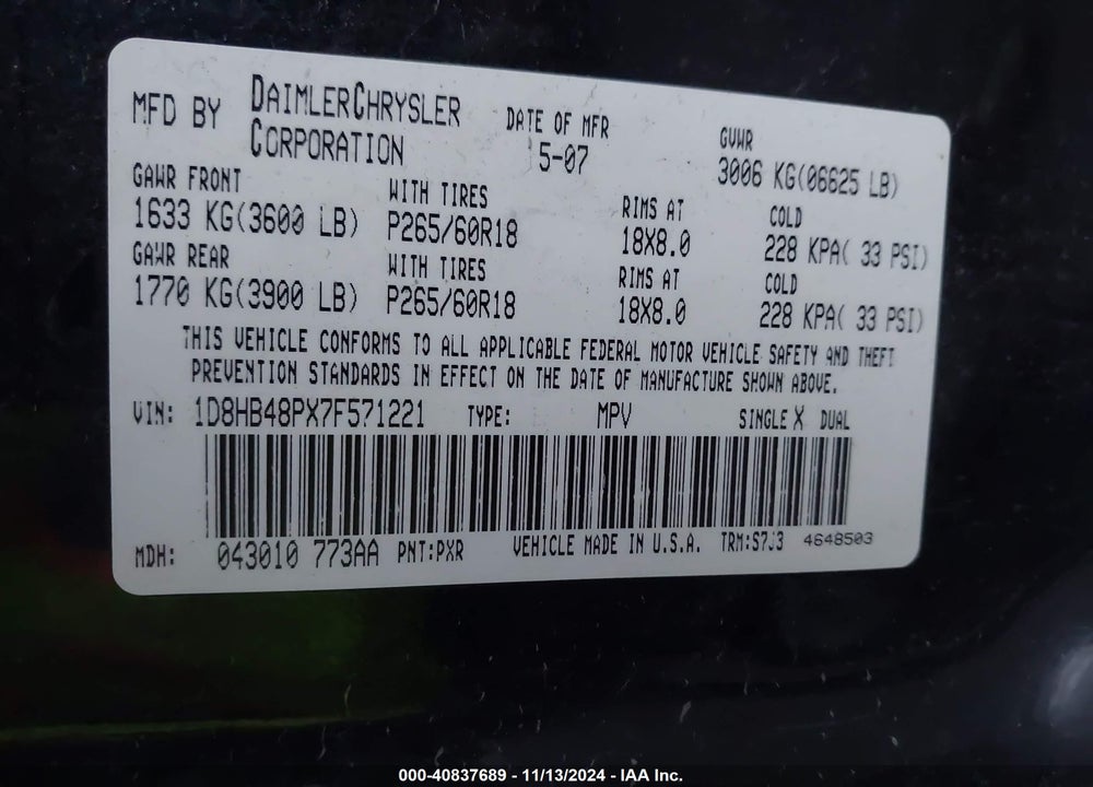 2007 DODGE DURANGO SLT VIN: 1D8HB48PX7F571221