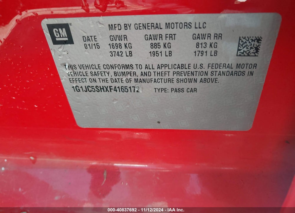 2015 CHEVROLET SONIC LT AUTO VIN: 1G1JC5SHXF4165172