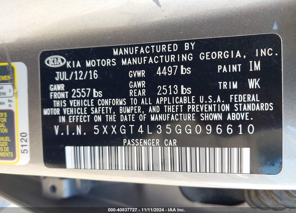 2016 KIA OPTIMA LX VIN: 5XXGT4L35GG096610