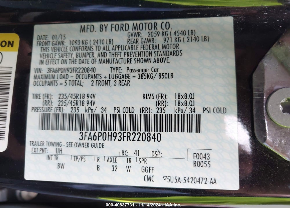 2015 FORD FUSION SE VIN: 3FA6P0H93FR220840