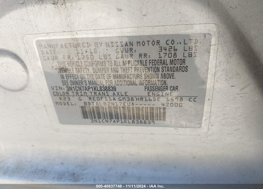 2019 NISSAN VERSA 1.6 SV VIN: 3N1CN7AP1KL838839
