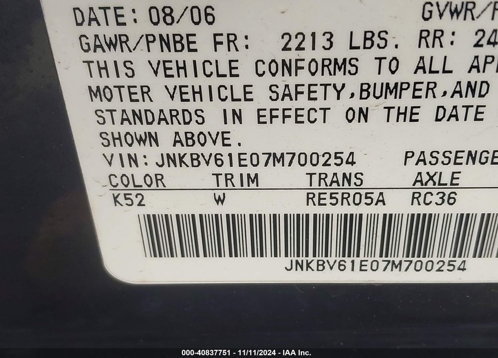 2007 INFINITI G35 SPORT VIN: JNKBV61E07M700254